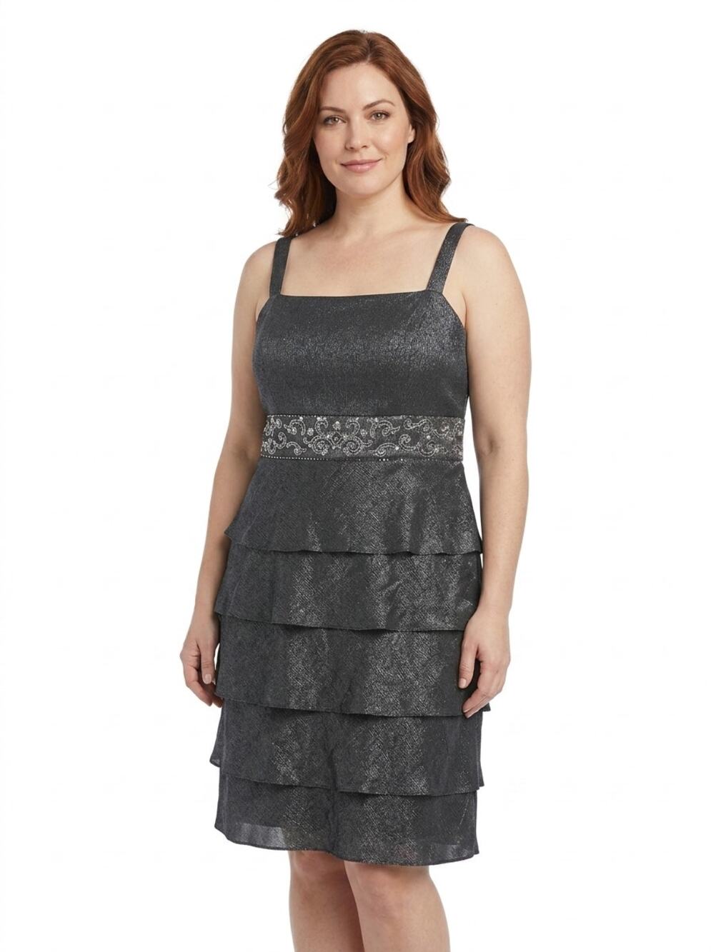R&M Richards Gray Sheath Knee Length Knit Sequin Dress Women Size 16